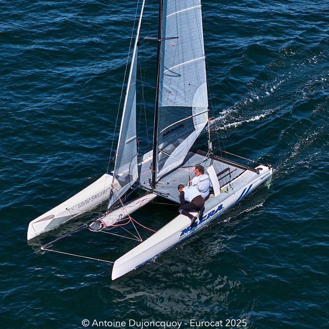 Eurocat 2025 Raid Blue Ribbon winners Francis Ferrari & David Fanouillere, Nacra 20 Carbon (Curved boards version). Photo: @antoinedujoncquoysailing
